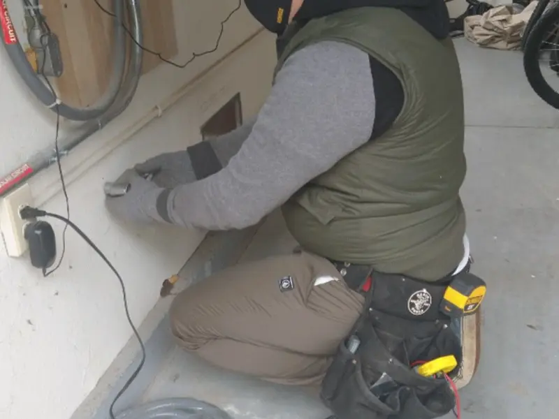 Electrician performing outlet wiring in a Harbison Canyon garage